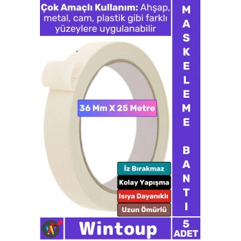 #Bant İz Bırakmaz Isıya Dayanıklı İnce Krep Kağıt Kolay Yapışma Sökülebilme Elle Yırtılabilen Ahşap Metal Cam Plastik Otomotiv Boya Badana 36 Mm X 25 Metre Maskeleme Bantı 5 Adet