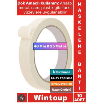 #Bant İz Bırakmaz Isıya Dayanıklı İnce Krep Kağıt Kolay Yapışma Sökülebilme Elle Yırtılabilen Ahşap Metal Cam Plastik Otomotiv Boya Badana 48 Mm X 25 Metre Maskeleme Bantı 10 Adet
