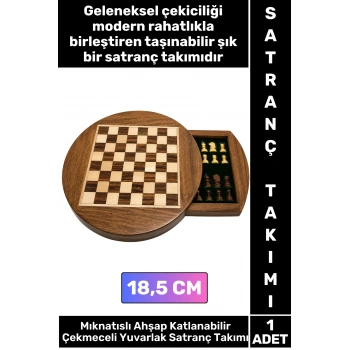#Satranç Özel Model Aile Ev Arkadaş Hediye Cafe Kamp Piknik Zeka Strateji Beceri Geliştirici Eğlenceli Taşınabilir Mıknatıslı Taşlı Katlanabilir Çekmeceli Ahşap Yuvarlak Satranç Takımı 18.5 Cm