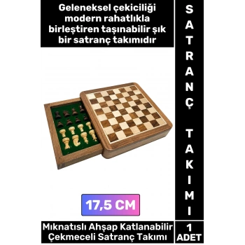 #Satranç Özel Model Aile Ev Arkadaş Hediye Cafe Kamp Piknik Zeka Strateji Beceri Geliştirici Eğlenceli Taşınabilir Mıknatıslı Taşlı Katlanabilir Çekmeceli Ahşap Satranç Takımı 17,5 Cm