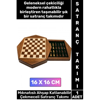 #Satranç Özel Model Aile Ev Arkadaş Hediye Cafe Kamp Piknik Zeka Strateji Beceri Geliştirici Eğlenceli Taşınabilir Mıknatıslı Taşlı Katlanabilir Çekmeceli Ahşap Satranç Takımı 16 X 16 Cm