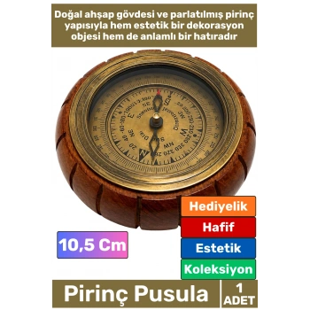 #Pusula Özel Tasarım Antika Görünüm Denizci Koleksiyonluk Sevgili Babalar Öğretmenler Günü Dekoratif Nostaljik Şık Hediye Ahşap Gövdeli Pirinç Pusula 10,5 Cm