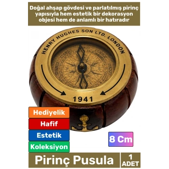 #Pusula Özel Tasarım Antika Görünüm Denizci Koleksiyonluk Sevgili Babalar Öğretmenler Günü Dekoratif Nostaljik Şık Hediye Ahşap Gövdeli Pirinç Pusula 8 Cm