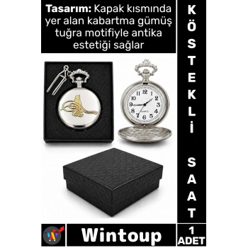 #Saat Retro 4x5 Cm Klasik Tasarım Koleksiyonluk Hediyelik Özel Kutulu Gümüş Tuğralı Köstekli Saat