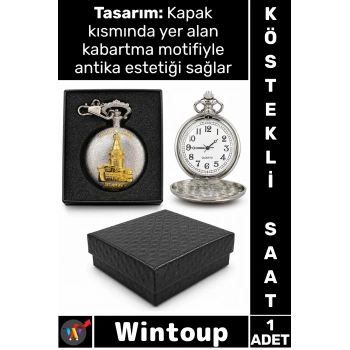 #Saat Retro 4x5 Cm Klasik Koleksiyonluk Hediyelik Özel Kutulu Gümüş Şık Galata Kulesi Köstekli Saat