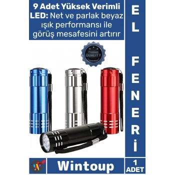 #ElFeneri Alüminyum Güçlü Beyaz Işık Kamp Balıkçı Avcı Kompakt Taşınabilir 9 Ledli Pilli El Feneri