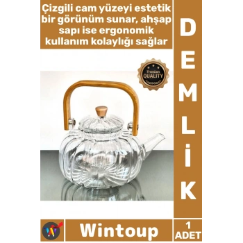 Ahşap Saplı Cam Çizgili Demlik
