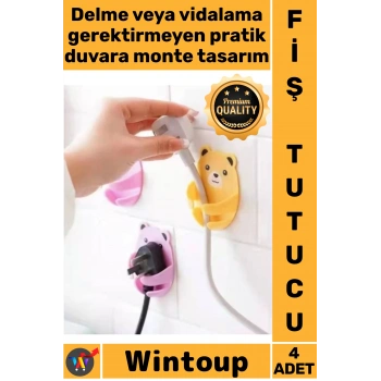 #FişTutucu Duvara Monte Pratik Dekoratif Kablo Düzenleme Mutfak Sevimli Ayıcık Desen Fiş Tutucu 4lü