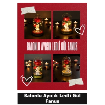 Balonlu Ayıcık Ledli Gül Fanus