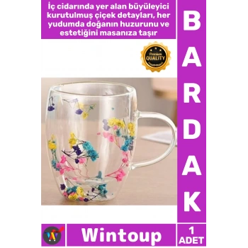 #Bardak Borosilikat Cam Estetik El Yapımı Sevgili Hediyelik Dekoratif Çift Katmanlı Çiçekli Bardak