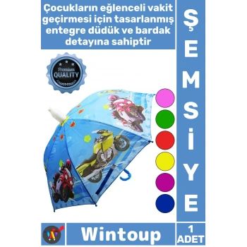 #Şemsiye Dayanıklı Renkli Eğlenceli Kaliteli Kız Erkek Bardaklı Düdüklü 8 Telli Çocuk Şemsiyesi