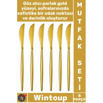 #Bıçak Lüks Parlak Tasarım Şık Sofra Sunum 21 cm Paslanmaz Çelik Gold Renk 6 Parça Yemek Bıçağı Seti