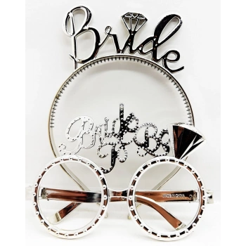 Bride Yazılı Taç ve Bride To Be Yazılı Gözlük Seti - Gümüş Renk
