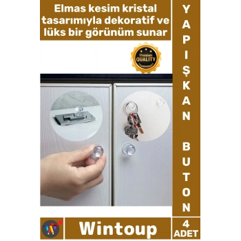 #Buton Dekoratif Şık Dolap Kulp Sifon 4 Adet Kristal Tasarımlı Çok Amaçlı Yapışkanlı Tutacak Buton