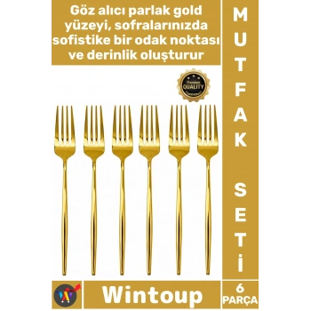 #Çatal Lüks Şık Modern Tasarım Mutfak Sofra Paslanmaz Çelik Gold Renk 6 Parça Yemek Çatalı Seti
