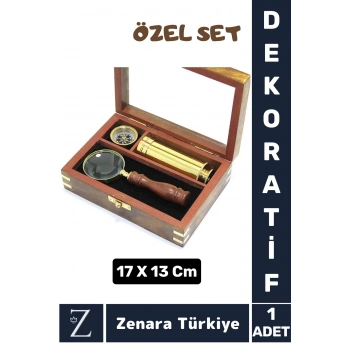Dekoratif Koleksiyon Sevgili Özel Gün Hediye PİRİNÇ Ahşap Kutu Pusula Dürbün Büyüteç ÖZEL SET