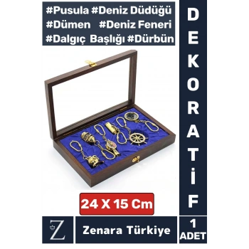 Dekoratif Şık Hediyelik Denizci Temalı Yüksek Kaliteli Ahşap Kutulu PİRİNÇ Anahtarlık Seti 6 Parça