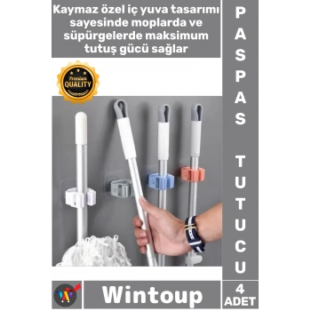 #Mop Güçlü Yapışkanlı Askı Aparatı Organizer Düzenleyici Askı Duvara Monte Mop Paspas Tutucu 4 Adet