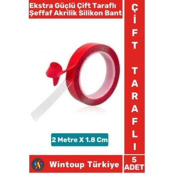 Ekstra Güçlü Suya Küfe Neme Dayanıklı Şeffaf Çift Taraflı Akrilik Silikon Bant 2 Metre X 1.8 Cm 5 Ad