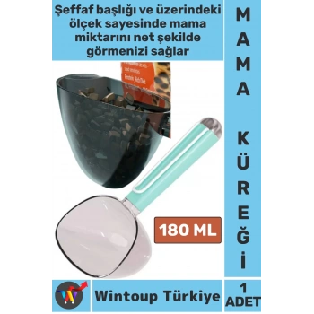 Ergonomik Tutuş Dayanıklı Plastik Hijyenik Klipsli Ölçekli Şeffaf Kedi Köpek Mama Küreği 180 ML