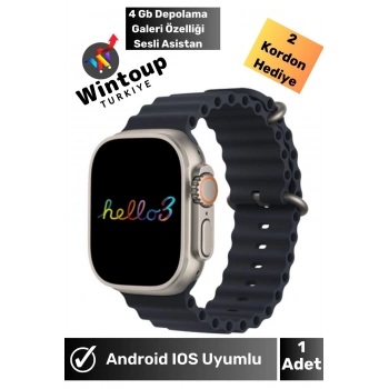 Hello Watch 3+ Plus H12 Ultra Max 4GB Hafıza ve Aksesuar Bağlantılı Watch Ultra 49MM Akıllı Saat