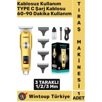 Kablosuz Kullanım Saç Kısaltma Sakal Ense 60 Dk Kullanım Çok Şık GOLD Renk Dijital Tıraş Makinesi
