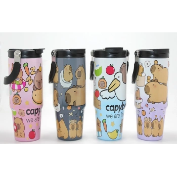 Kapibara Capybara Desenli Isı Muhafazalı Pipetli Dev Çelik Kupa (Tumbler) Alk4431
