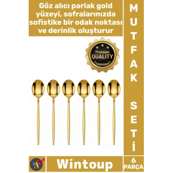 #Kaşık Lüks Şık Modern Mutfak Sofra Sunum Takımı Paslanmaz Çelik Gold Renk 6 Parça Yemek Kaşığı Set