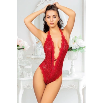 #Bodysuit Polyamid Esnek Kumaş Vücut Saran Şık Rahat Kadın Giyim Çift Çapraz İpli Kırmızı Bodysuit