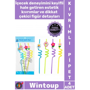 #Pipet Eğlenceli Parti Çocuk Doğum Günü Sunum Kıvrımlı Şık Figürlü Tasarım Renkli Plastik Pipet 4lü