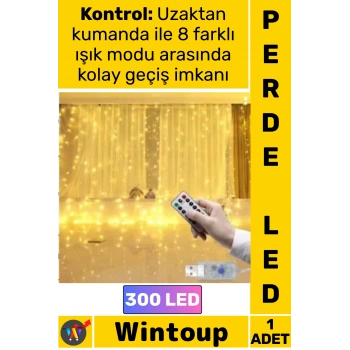 #Led Uzaktan Kumandalı 8 Fonksiyonlu USB Dekoratif Şık Tel Perde Led 3 X 3 Metre Gün Işığı 300 Led