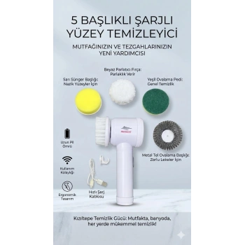 Magic Brush 5 in 1 Kablosuz Şarjlı Temizlik Fırçası | Çok Amaçlı Döner Başlıklı Elektrikli Banyo, Mutfak ve Fayans Temizleme Seti