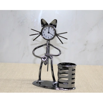 Metal Saksafon Çalan Kedi Müzisyen Saat Ve Kalemlik Alk4343