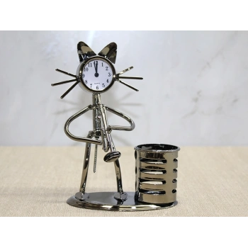 Metal Saksafon Çalan Kedi Müzisyen Saat Ve Kalemlik Alk4346