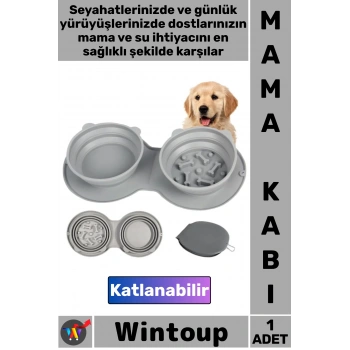 #MamaKabı Silikon Portatif Seyahat Tipi Kedi Köpek Gri Yavaş Yeme Katlanabilir İkili Mama Su Kabı