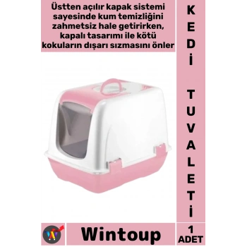 #KediTuvaleti Üstten Açılır Koku Önleyen Pratik Şeffaf Kapılı Yavru Küçük Kapalı Kedi Tuvaleti Pembe