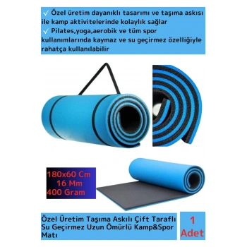 Özel Model Taşıma Askılı Çift Taraflı Kaymaz Su Geçirmez Pilates Kamp Fitness Yoga Matı Mavi 16 Mm