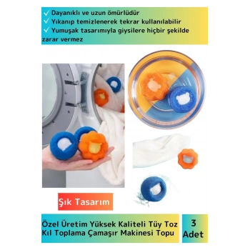 Özel Üretim Çamaşır Makinesi Tüy/Toz/Kıl Toplama Topu Temizlenebilir&Tekrar Kullanılabilir 3lü