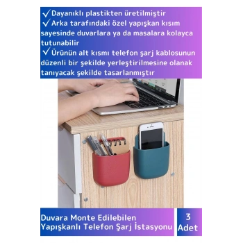 Özel Üretim Duvara Monte Edilebilen Yapışkanlı Güçlü Tasarım Telefon Şarj İstasyonu 3 Adet