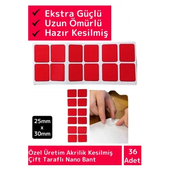 Özel Üretim Ekstra Güçlü Akrilik Çift Taraflı Hazır Kesilmiş 25x30 Mm Montaj Bandı 36lı