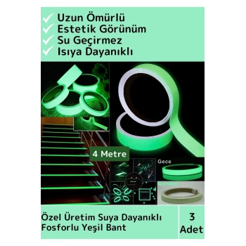 Özel Üretim Karanlıkta Işık Veren Yansıyan 4 Mtr Fosforlu Yeşil Şerit Yapışkanlı Reflektör Bant 3 Ad