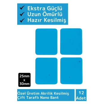 Özel Üretim Süper Güçlü Akrilik Çift Taraflı Hazır Kesilmiş 25x30 Mm Asma Bant 12li