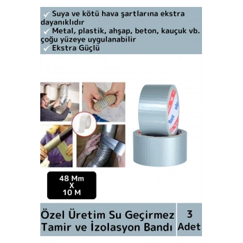 Özel Üretim Süper Güçlü Su Geçirmez Gri Çok Amaçlı Tamir ve İzolasyon Bandı 48mm x 10 Metre 3 Adet