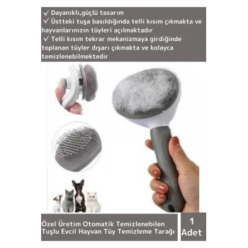 Özel Üretim Tuşlu Otomatik Temizlenen Rahatlatıcı Sağlam Tasarım Kedi Köpek Tüy Toplama Tarağı