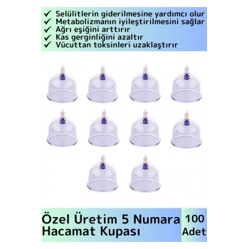 Özel Üretim Yüksek Kaliteli Selülit Çatlak Giderici Vakumlu 5 Numara Hacamat Kupası 100 Adet