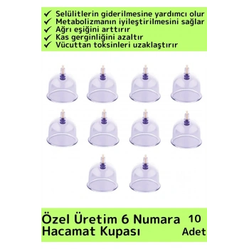Özel Üretim Yüksek Kaliteli Selülit Çatlak Giderici Vakumlu 6 Numara Hacamat Kupası 10 Adet