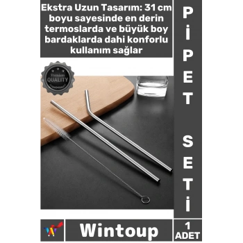 #PipetSeti Termos Uyumlu 31 cm Ekstra Uzun Paslanmaz Çelik Pipet Seti – 3 Parça Eğri + Düz + Fırça