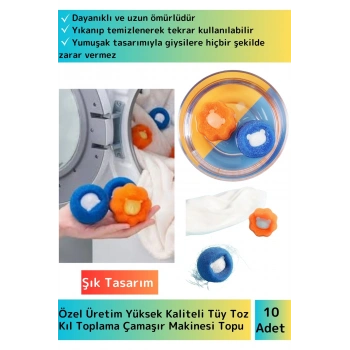 Premium Çamaşır Makinesi Tüy Toz Kıl Toplama Topu Temizlenebilir&Tekrar Kullanılabilir 10lu Set