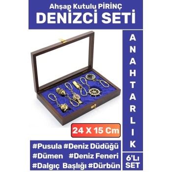 Premium Dekoratif Hediyelik Denizci Temalı Yüksek Kaliteli Ahşap Kutulu PİRİNÇ 6lı Anahtarlık Seti