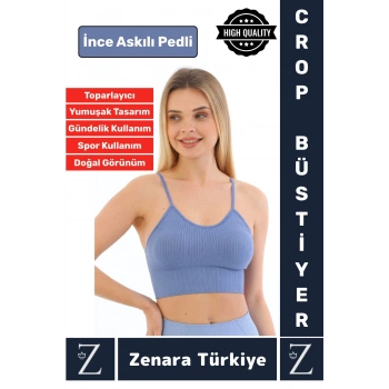 Premium Göğüs Toparlayan Sarkma Önleyen Gündelik Spor Kullanım İnce Askı Pedli Çizgili Crop Büstiyer